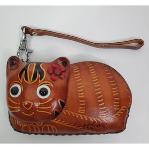 Leather Cat Wristlet Wallet Change Coin Purse Zip Closure Charm Kitten Pet